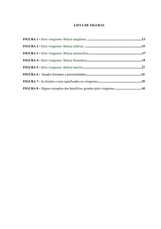 LISTA DE FIGURAS



FIGURA 1 - Série visagismo: Beleza sangüínea.....................................................................13

FIGURA 2 - Série visagismo: Beleza colérica........................................................................15

FIGURA 3 - Série visagismo: Beleza melancólica..................................................................17

FIGURA 4 - Série visagismo: Beleza fleumática....................................................................19

FIGURA 5 - Série visagismo: Beleza interior.........................................................................27

FIGURA 6 - Quadro formatos e personalidades....................................................................32

FIGURA 7 - As feições e seus significados no visagismo......................................................35

FIGURA 8 - Alguns exemplos dos benefícios gerados pelo visagismo..................................41
 