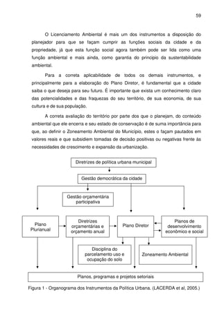 59



        O Licenciamento Ambiental é mais um dos instrumentos a disposição do
 planejador para que se façam cumprir as funções sociais da cidade e da
 propriedade, já que esta função social agora também pode ser lida como uma
 função ambiental e mais ainda, como garantia do principio da sustentabilidade
 ambiental.

        Para a correta aplicabilidade de todos os demais instrumentos, e
 principalmente para a elaboração do Plano Diretor, é fundamental que a cidade
 saiba o que deseja para seu futuro. É importante que exista um conhecimento claro
 das potencialidades e das fraquezas do seu território, de sua economia, de sua
 cultura e de sua população.

        A correta avaliação do território por parte dos que o planejam, do conteúdo
 ambiental que ele encerra e seu estado de conservação é de suma importância para
 que, ao definir o Zoneamento Ambiental do Município, estes o façam pautados em
 valores reais e que subsidiem tomadas de decisão positivas ou negativas frente às
 necessidades de crescimento e expansão da urbanização.


                      Diretrizes de política urbana municipal


                         Gestão democrática da cidade



                  Gestão orçamentária
                      participativa



                       Diretrizes                                     Planos de
   Plano            orçamentárias e           Plano Diretor        desenvolvimento
 Plurianual         orçamento anual                               econômico e social


                              Disciplina do
                           parcelamento uso e           Zoneamento Ambiental
                            ocupação do solo


                       Planos, programas e projetos setoriais

Figura 1 - Organograma dos Instrumentos da Política Urbana. (LACERDA et al, 2005.)
 