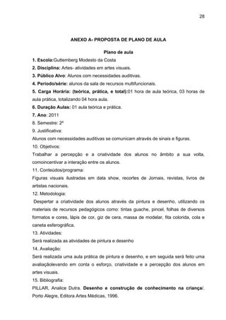28




                      ANEXO A- PROPOSTA DE PLANO DE AULA

                                    Plano de aula
1. Escola:Guttemberg Modesto da Costa
2. Disciplina: Artes- atividades em artes visuais.
3. Público Alvo: Alunos com necessidades auditivas.
4. Período/série: alunos da sala de recursos multifuncionais.
5. Carga Horária: (teórica, prática, e total):01 hora de aula teórica, 03 horas de
aula prática, totalizando 04 hora aula.
6. Duração Aulas: 01 aula teórica e prática.
7. Ano: 2011
8. Semestre: 2º
9. Justificativa:
Alunos com necessidades auditivas se comunicam através de sinais e figuras.
10. Objetivos:
Trabalhar a percepção e a criatividade dos alunos no âmbito a sua volta,
comoincentivar a interação entre os alunos.
11. Conteúdos/programa:
Figuras visuais ilustradas em data show, recortes de Jornais, revistas, livros de
artistas nacionais.
12. Metodologia:
Despertar a criatividade dos alunos através da pintura e desenho, utilizando os
materiais de recursos pedagógicos como: tintas guache, pincel, folhas de diversos
formatos e cores, lápis de cor, giz de cera, massa de modelar, fita colorida, cola e
caneta esferográfica.
13. Atividades:
Será realizada as atividades de pintura e desenho
14. Avaliação:
Será realizada uma aula prática de pintura e desenho, e em seguida será feito uma
avaliaçãolevando em conta o esforço, criatividade e a percepção dos alunos em
artes visuais.
15. Bibliografia:
PILLAR, Analice Dutra. Desenho e construção de conhecimento na criança/.
Porto Alegre, Editora Artes Médicas, 1996.
 