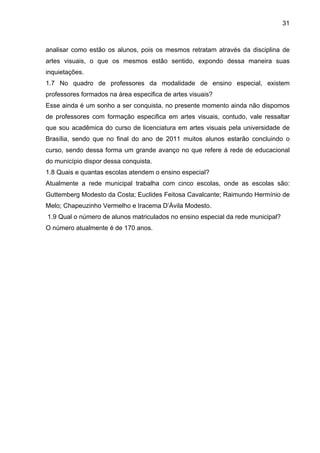 31



analisar como estão os alunos, pois os mesmos retratam através da disciplina de
artes visuais, o que os mesmos estão sentido, expondo dessa maneira suas
inquietações.
1.7 No quadro de professores da modalidade de ensino especial, existem
professores formados na área especifica de artes visuais?
Esse ainda é um sonho a ser conquista, no presente momento ainda não dispomos
de professores com formação especifica em artes visuais, contudo, vale ressaltar
que sou acadêmica do curso de licenciatura em artes visuais pela universidade de
Brasília, sendo que no final do ano de 2011 muitos alunos estarão concluindo o
curso, sendo dessa forma um grande avanço no que refere à rede de educacional
do município dispor dessa conquista.
1.8 Quais e quantas escolas atendem o ensino especial?
Atualmente a rede municipal trabalha com cinco escolas, onde as escolas são:
Guttemberg Modesto da Costa; Euclides Feitosa Cavalcante; Raimundo Hermínio de
Melo; Chapeuzinho Vermelho e Iracema D’Ávila Modesto.
1.9 Qual o número de alunos matriculados no ensino especial da rede municipal?
O número atualmente é de 170 anos.
 