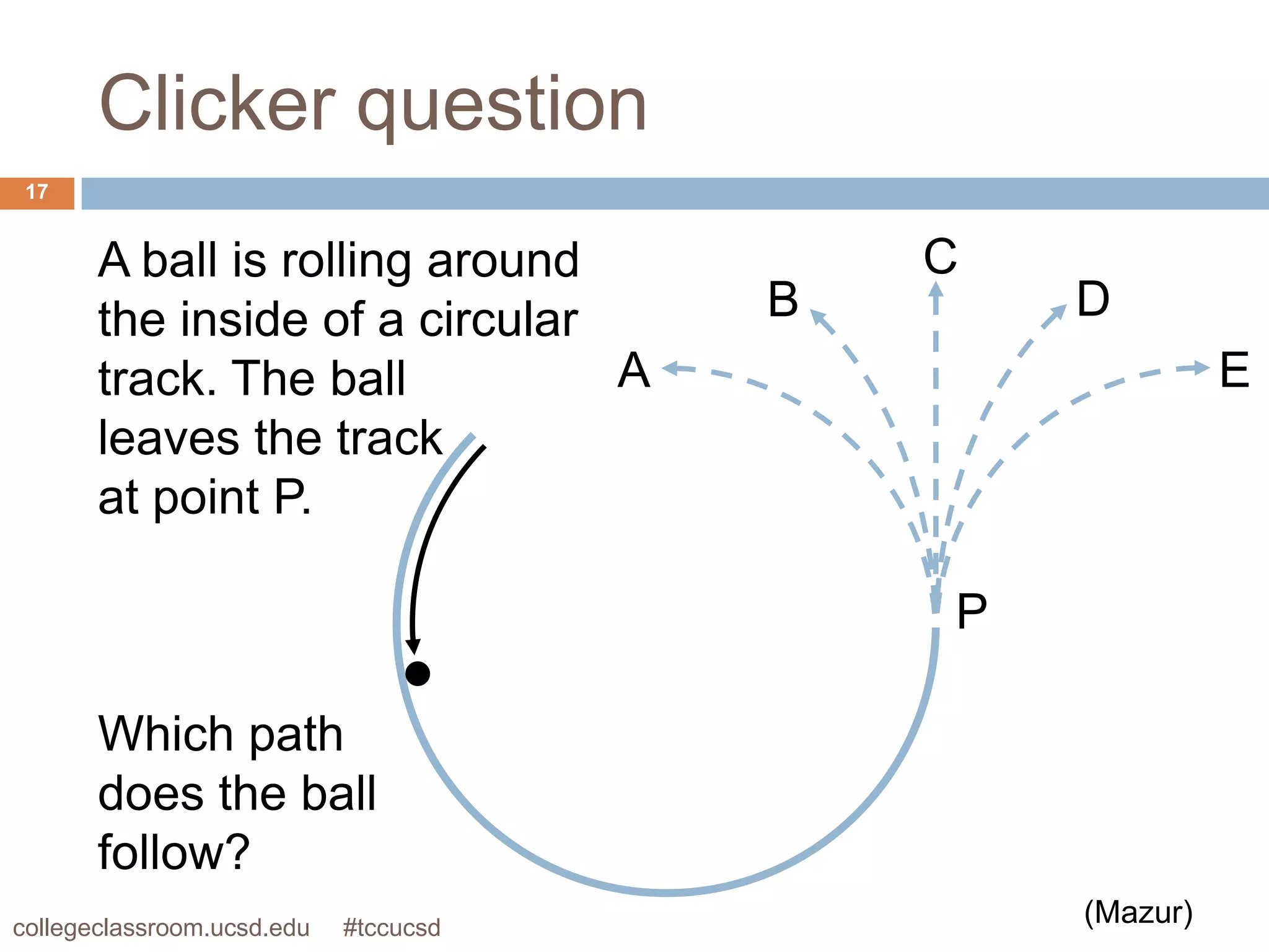 Clicker question
 17


       A ball is rolling around            C
       the inside of a circular        B       D
       track. The ball          A                        E
       leaves the track
       at point P.

                                           P

       Which path
       does the ball
       follow?
collegeclassroom.ucsd.edu   #tccucsd
                                               (Mazur)
 