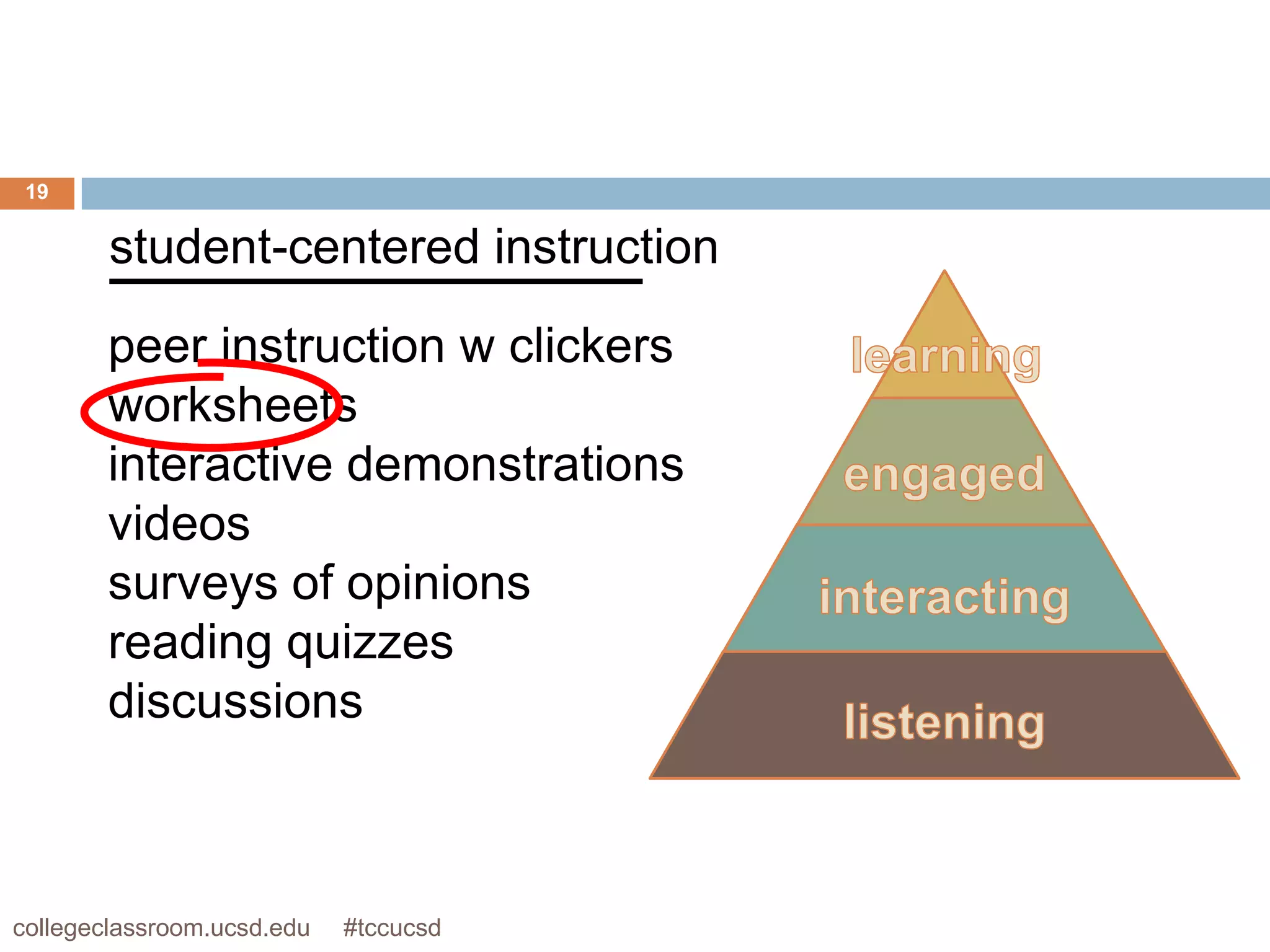 19


        student-centered instruction

       peer instruction w clickers
       worksheets
       interactive demonstrations
       videos
       surveys of opinions
       reading quizzes
       discussions



collegeclassroom.ucsd.edu   #tccucsd
 