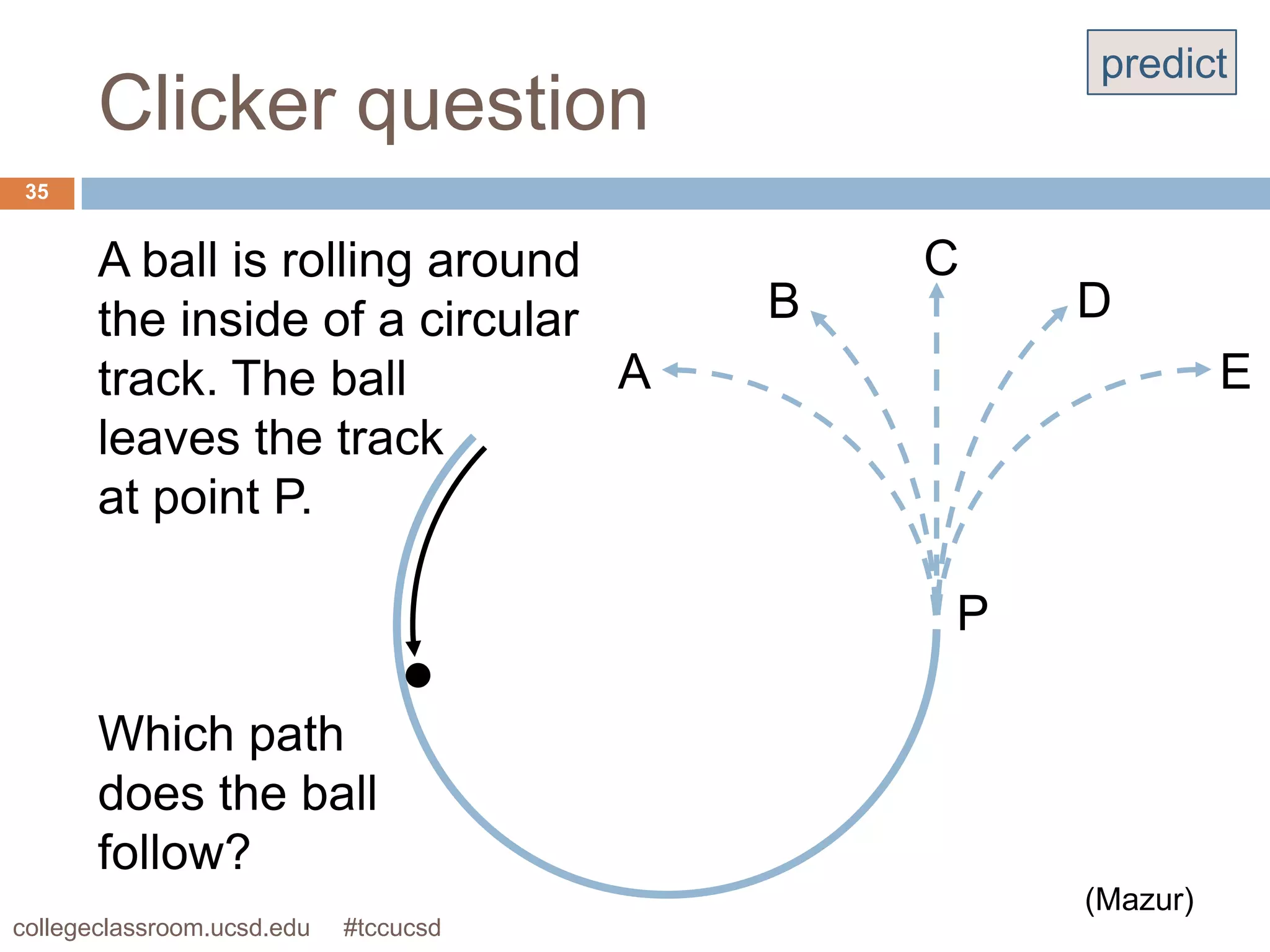 predict
       Clicker question
 35


       A ball is rolling around            C
       the inside of a circular        B       D
       track. The ball          A                        E
       leaves the track
       at point P.

                                           P

       Which path
       does the ball
       follow?
                                               (Mazur)
collegeclassroom.ucsd.edu   #tccucsd
 