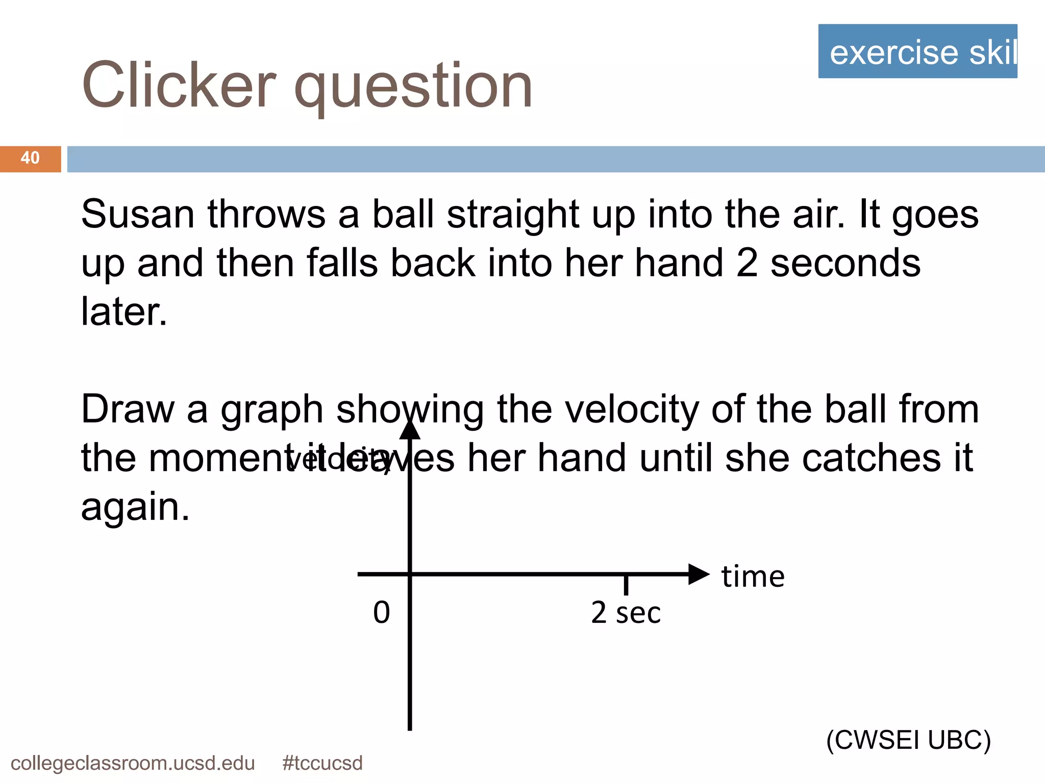 exercise skill
       Clicker question
 40


       Susan throws a ball straight up into the air. It goes
       up and then falls back into her hand 2 seconds
       later.

       Draw a graph showing the velocity of the ball from
       the moment it leaves her hand until she catches it
                 velocity
       again.
                                                   time
                                       0   2 sec


                                                          (CWSEI UBC)
collegeclassroom.ucsd.edu   #tccucsd
 