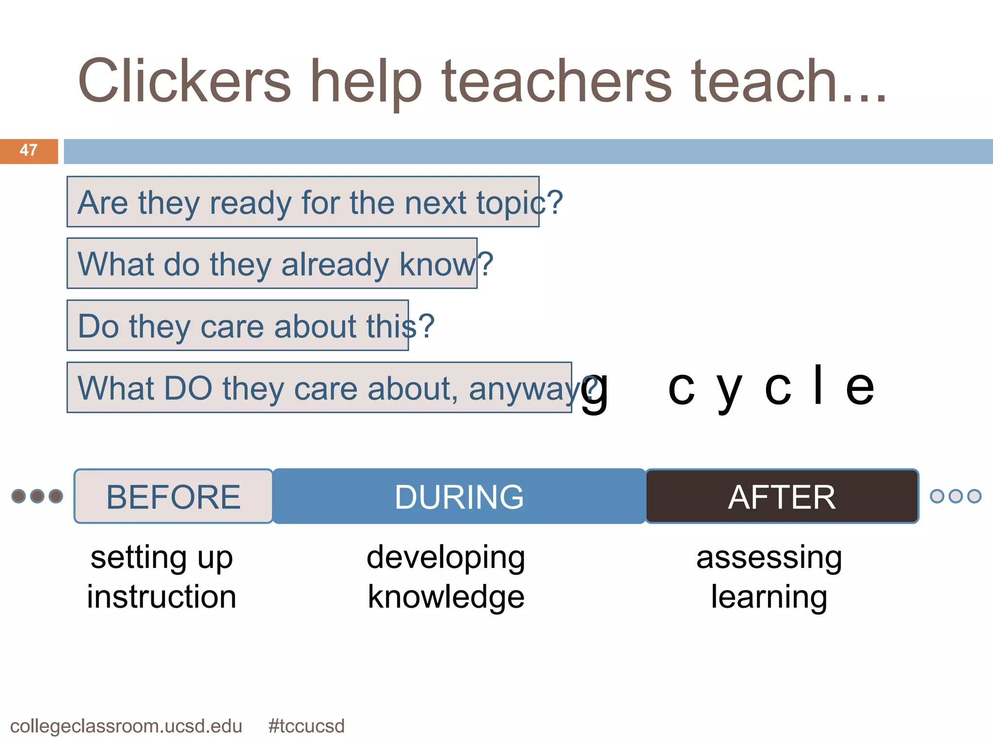 Clickers help teachers teach...
 47


       Are they ready for the next topic?
       What do they already know?
       Do they care about this?

         the                learning
       What DO they care about, anyway?             cycle
          BEFORE                        DURING       AFTER
         setting up                    developing   assessing
        instruction                    knowledge     learning


collegeclassroom.ucsd.edu   #tccucsd
 
