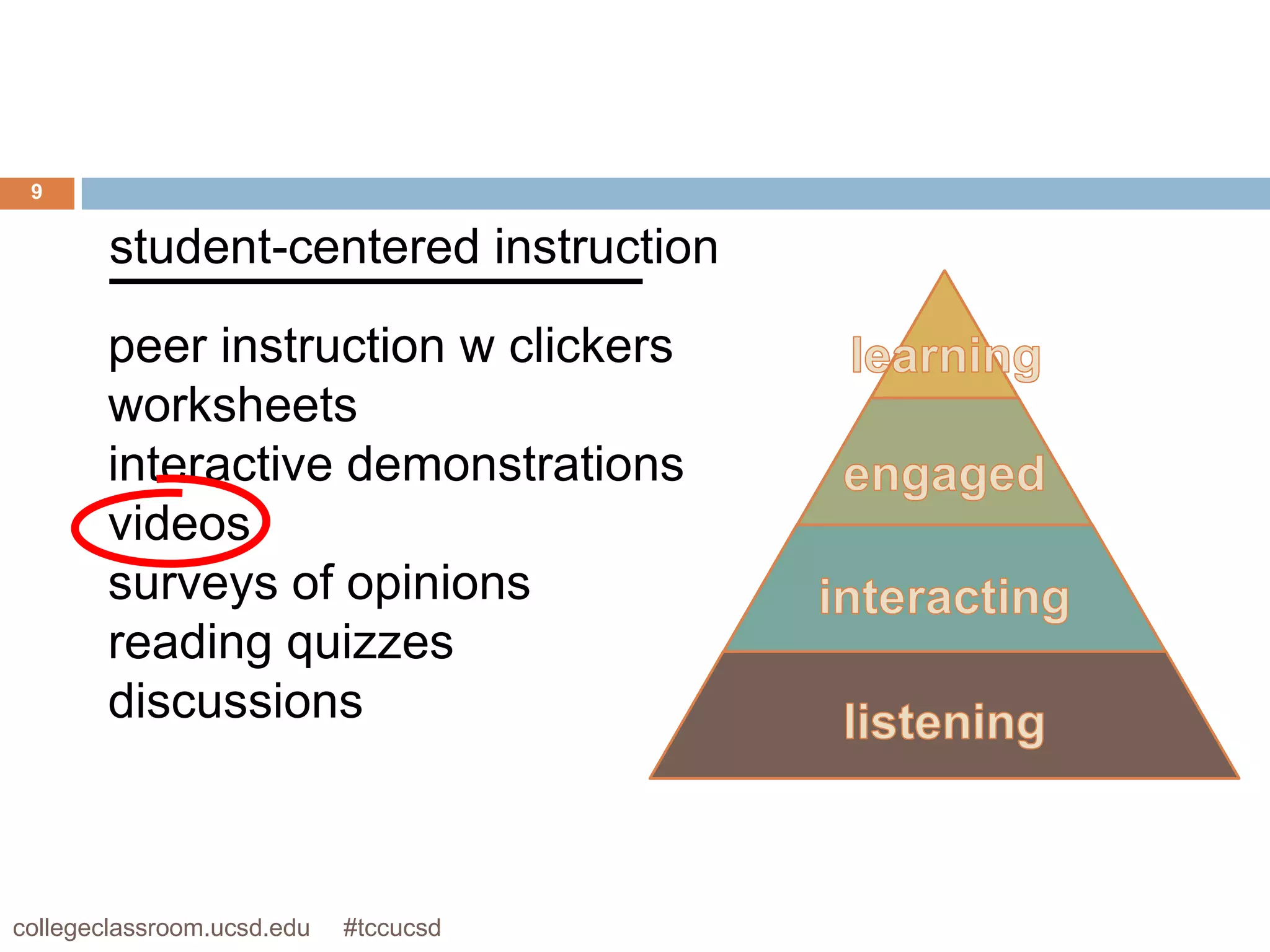 9


        student-centered instruction

       peer instruction w clickers
       worksheets
       interactive demonstrations
       videos
       surveys of opinions
       reading quizzes
       discussions



collegeclassroom.ucsd.edu   #tccucsd
 