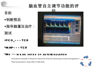 CHINA International Neuroscience Institute ICU 脑血管自主调节功能的评估 目的 判断预后 指导脑灌注治疗： 测试 PCO 2 ---TCD MAP---TCD Mx  —  mean index of autoregulation Czosnyka M, Smielewski P, Kirkpatrick P, Menon DK, Pickard JD. Monitoring of cerebral autoregulation in  head-injured patients.  Stroke  1996; 27:1829-1834 . 评估 治疗 监测 