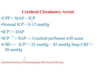 Cerebral Circulatory Arrest
•CPP = MAP – ICP
•Normal ICP = 8-12 mmHg
•ICP = DAP
•ICP > SAP --- Cerebral perfusion will cease
•CBF = ICP > 35 mmHg – 45 mmHg Stop CBF >
50 mmHg
American Society of Neuroimaging 40th Annual Meeting
 