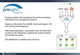 PreSight
Company tasked with developing the tool for harvesting
information from management systems.
Based on information from QHSE, Technical Support, HR
and Training & Development.
Web based application, visualisation only. No information
is stored in the dashboard, updating the mother systems
will change the output.
The dashboard is updated every 24 hours.
 