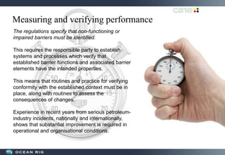 Measuring and verifying performance
The regulations specify that non-functioning or
impaired barriers must be identified.
This requires the responsible party to establish
systems and processes which verify that
established barrier functions and associated barrier
elements have the intended properties.
This means that routines and practice for verifying
conformity with the established context must be in
place, along with routines to assess the
consequences of changes.
Experience in recent years from serious petroleum-
industry incidents, nationally and internationally,
shows that substantial improvement is required in
operational and organisational conditions.
 