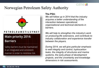 Norwegian Petroleum Safety Authority
The PSA:
We will follow up in 2014 that the industry
acquires a better understanding of the
interaction between operational,
organisational and technical elements in
barriers.
We will help to strengthen the industry’s work
on producing-life extensions, and contribute to
industry collaboration and experience transfer
between the players.
During 2014, we will give particular emphasis
to well integrity and control, hydrocarbon
leaks, the integrity of structures and marine
systems, the early phase of development
projects, and the uncertainty and knowledge
dimensions in risk assessments.
 