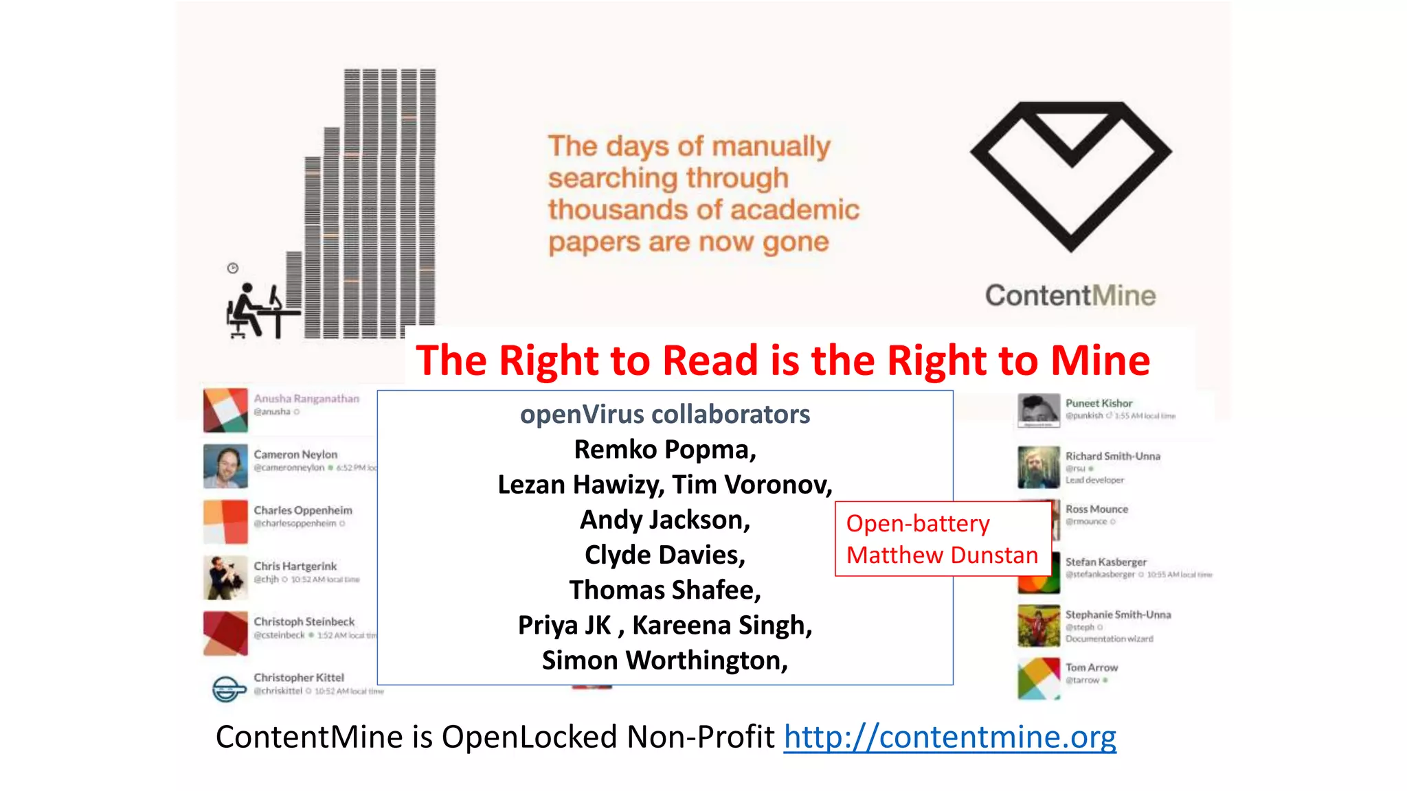 ContentMine is OpenLocked Non-Profit http://contentmine.org
The Right to Read is the Right to Mine
openVirus collaborators
Remko Popma,
Lezan Hawizy, Tim Voronov,
Andy Jackson,
Clyde Davies,
Thomas Shafee,
Priya JK , Kareena Singh,
Simon Worthington,
Open-battery
Matthew Dunstan
 