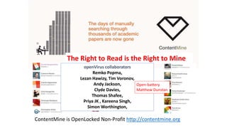 ContentMine is OpenLocked Non-Profit http://contentmine.org
The Right to Read is the Right to Mine
openVirus collaborators
Remko Popma,
Lezan Hawizy, Tim Voronov,
Andy Jackson,
Clyde Davies,
Thomas Shafee,
Priya JK , Kareena Singh,
Simon Worthington,
Open-battery
Matthew Dunstan
 