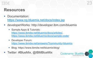 Resources 
 Documentation: 
https://www.ng.bluemix.net/docs/index.jsp 
 developerWorks: http://developer.ibm.com/bluemix 
 Sample Apps & Tutorials: 
https://www.ibmdw.net/bluemix/docs/articles/, 
https://www.ibmdw.net/bluemix/docs/sample-code/ 
 Developer Forum: 
https://www.ibmdw.net/answers/?community=bluemix 
 Blog: https://www.ibmdw.net/bluemix/blog/ 
 Twitter: #BlueMix, @IBMBlueMix 
23 
 