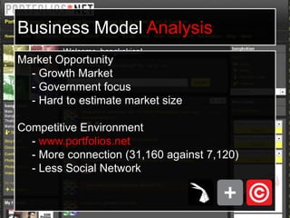 Business Model AnalysisMarket Opportunity- Growth Market- Government focus- Hard to estimate market sizeCompetitive Environment- www.portfolios.net- More connection (31,160 against 7,120)- Less Social Network