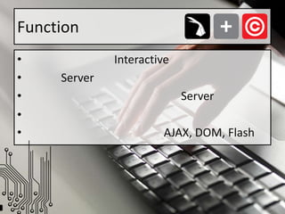 Functionผู้ใช้งานต้องการ Interactive กับเว็บไซต์มากขึ้นทำให้ Server ต้องรองรับการทำงานเหล่านั้นเทคโนโลยีที่ช่วยลดภาระของ Serverเพิ่มประสบการณ์การใช้งานที่ดี ให้กับผู้ใช้งานเทคโนโลยี เหล่านั้นได้แก่ AJAX, DOM, Flash