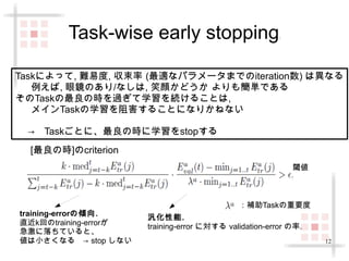 12 
Task-wise early stopping: 
Taskによって, 難易度, 収束率 (最適なパラメータまでのiteration数) は異なる 
例えば, 眼鏡のあり/なしは, 笑顔かどうか よりも簡単である 
そのTaskの最良の時を過ぎて学習を続けることは, 
メインTaskの学習を阻害することになりかねない 
→　Taskごとに, 最良の時に学習をstopする 
[最良の時]のcriterion 
閾値 
training-errorの傾向. 
直近k回のtraining-errorが 
急激に落ちていると, 
値は小さくなる　→ stop しない 
：補助Taskの重要度 
汎化性能. 
training-error に対する validation-error の率. 
 