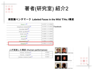4 
著者(研究室) 紹介2 
顔認識ベンチマーク Labeled Faces in the Wild でNo.1精度 
人が実施した精度 (Human performance) 
Facebook 
 