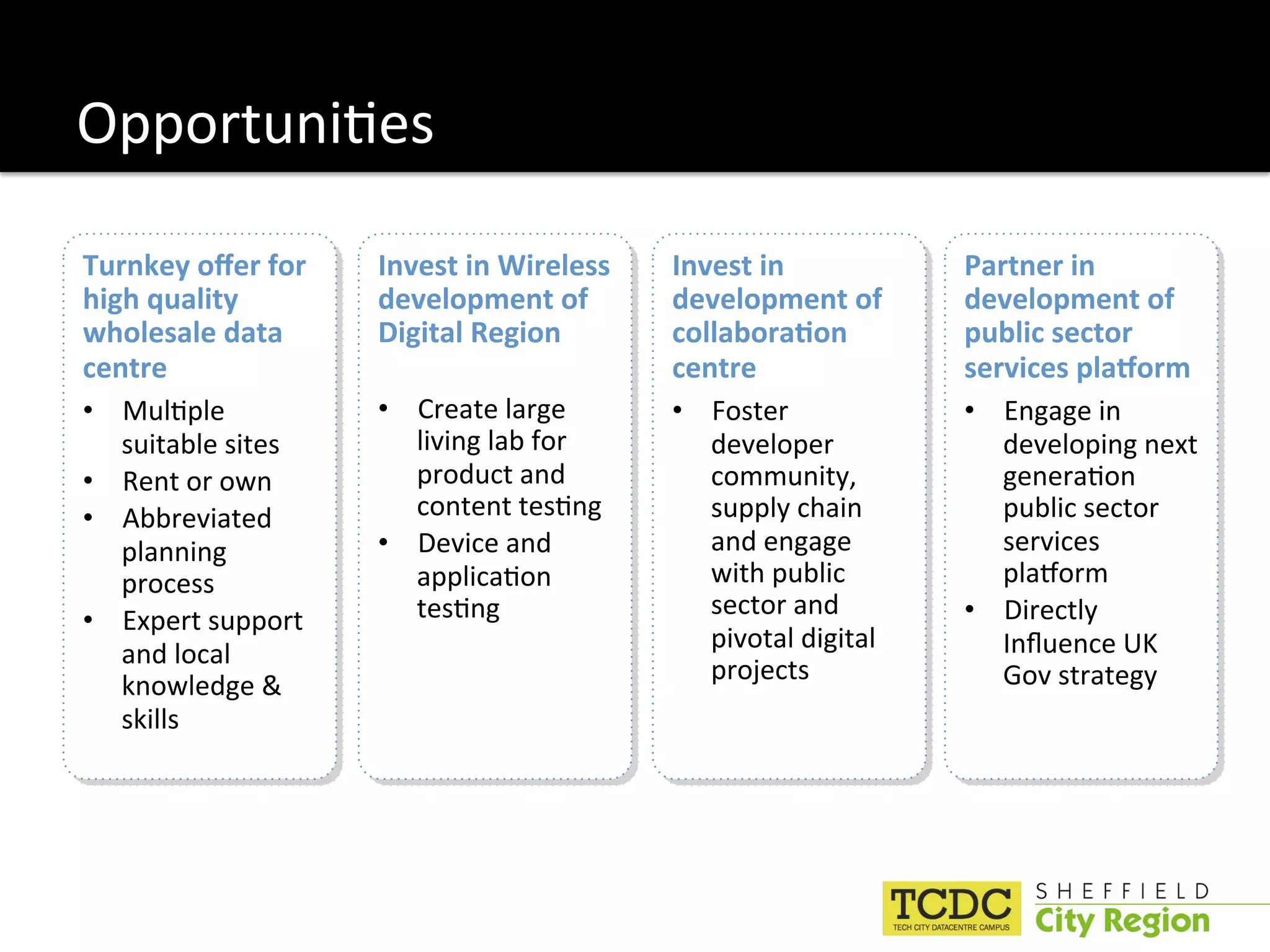 Opportuni:es 

Turnkey oﬀer for     Invest in Wireless    Invest in             Partner in 
high quality         development of        development of        development of 
wholesale data       Digital Region        collabora6on          public sector 
centre                                     centre                services plaorm 
•  Mul:ple           •  Create large       •  Foster             •  Engage in 
   suitable sites       living lab for        developer             developing next 
•  Rent or own          product and           community,            genera:on 
•  Abbreviated          content tes:ng        supply chain          public sector 
   planning          •  Device and            and engage            services 
   process              applica:on            with public           plaMorm 
                        tes:ng                sector and         •  Directly 
•  Expert support 
                                              pivotal digital       Inﬂuence UK 
   and local 
                                              projects              Gov strategy 
   knowledge & 
   skills 
 
