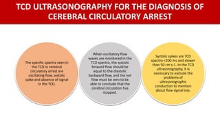 TCD ULTRASONOGRAPHY FOR THE DIAGNOSIS OF
CEREBRAL CIRCULATORY ARREST
The specific spectra seen in
the TCD in cerebral
circulatory arrest are
oscillating flow, systolic
spike and absence of signal
in the TCD.
When oscillatory flow
waves are monitored in the
TCD spectra, the systolic
forward flow should be
equal to the diastolic
backward flow, and the net
flow must be zero to be
able to conclude that the
cerebral circulation has
stopped.
Systolic spikes are TCD
spectra <200 ms and slower
than 50 cm s-1. In the TCD
ultrasonography, it is
necessary to exclude the
problems of
ultrasonographic
conduction to mention
about flow signal loss.
 