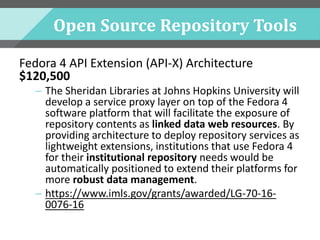 Open Source Repository Tools
Fedora 4 API Extension (API-X) Architecture
$120,500
– The Sheridan Libraries at Johns Hopkins University will
develop a service proxy layer on top of the Fedora 4
software platform that will facilitate the exposure of
repository contents as linked data web resources. By
providing architecture to deploy repository services as
lightweight extensions, institutions that use Fedora 4
for their institutional repository needs would be
automatically positioned to extend their platforms for
more robust data management.
– https://www.imls.gov/grants/awarded/LG-70-16-
0076-16
 