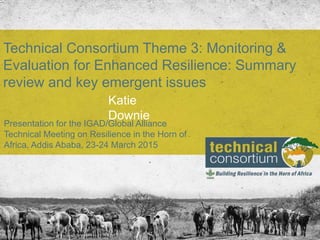 1
Technical Consortium Theme 3: Monitoring & Evaluation for
Enhanced Resilience: Summary review and key emergent issues
Presentation for the IGAD/Global Alliance Technical
Meeting on Resilience in the Horn of Africa, Addis
Ababa, 23-24 March 2015
Katie Downie
 