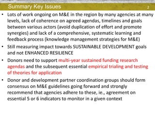 2
• Lots of work ongoing on M&E in the region by many agencies at many
levels, lack of coherence on agreed agendas, timeli...