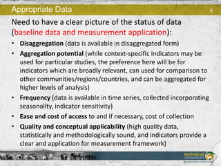 6
Need to have a clear picture of the status of data
(baseline data and measurement application):
• Disaggregation (data i...