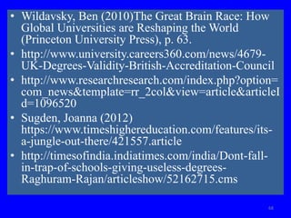 • Wildavsky, Ben (2010)The Great Brain Race: How
Global Universities are Reshaping the World
(Princeton University Press), p. 63.
• http://www.university.careers360.com/news/4679-
UK-Degrees-Validity-British-Accreditation-Council
• http://www.researchresearch.com/index.php?option=
com_news&template=rr_2col&view=article&articleI
d=1096520
• Sugden, Joanna (2012)
https://www.timeshighereducation.com/features/its-
a-jungle-out-there/421557.article
• http://timesofindia.indiatimes.com/india/Dont-fall-
in-trap-of-schools-giving-useless-degrees-
Raghuram-Rajan/articleshow/52162715.cms
68
 