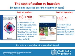 The cost of action vs inaction
             (in developing countries over the next fifteen years)
                          Cost of action:                     Cost of inaction:

                           US$ 170B                            US$ 7T
                           is the overall cost for
                           all developing countries            is the cumulative
                           to scale up action                  lost output in
                           by implementing a set of            developing countries
                           "best buy" interventions            associated with NCDs
                           between 2011 and 2025,              between 2011-2025
                           identified as priority
                           action by WHO


                         Reports are available at www.who.int/ncd

Preventive interventions: the cost-effective “best-buys”|
Riyadh| 10-12 September, 2012
 
