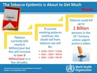 The Tobacco Epidemic is About to Get Much
                                                                                    Worse…

                                                                           Tobacco could kill
                                                                                up to
                                                         If current          1 Billion
                                                    smoking patterns        persons in the
           Tobacco                                     continue, the         21st Century
        currently kills                               death toll from       unless urgent
           nearly 6                                  tobacco use will       action is taken
      Million/year but                                       be:
      this will increase                           • 2000–2025~150M
          to over 8                                • 2025 – 2050 ~ 300 M
                                                   • 2050 – 2100 > 500 M
      Million/year in a
        few decades.
Preventive interventions: the cost-effective “best-buys”|
Riyadh| 10-12 September, 2012
 