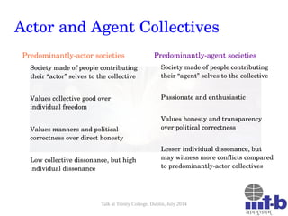 Talk at Trinity College, Dublin, July 2014
Actor and Agent Collectives
Predominantly­actor societies
Society made of peopl...