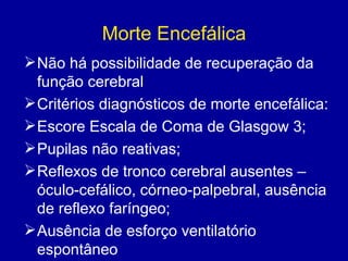 Morte Encefálica
Não há possibilidade de recuperação da
função cerebral
Critérios diagnósticos de morte encefálica:
Escore Escala de Coma de Glasgow 3;
Pupilas não reativas;
Reflexos de tronco cerebral ausentes –
óculo-cefálico, córneo-palpebral, ausência
de reflexo faríngeo;
Ausência de esforço ventilatório
espontâneo
 