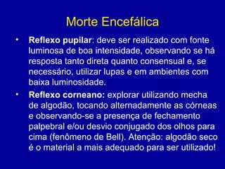 Morte Encefálica
• Reflexo pupilar: deve ser realizado com fonte
luminosa de boa intensidade, observando se há
resposta tanto direta quanto consensual e, se
necessário, utilizar lupas e em ambientes com
baixa luminosidade.
• Reflexo corneano: explorar utilizando mecha
de algodão, tocando alternadamente as córneas
e observando-se a presença de fechamento
palpebral e/ou desvio conjugado dos olhos para
cima (fenômeno de Bell). Atenção: algodão seco
é o material a mais adequado para ser utilizado!
 
