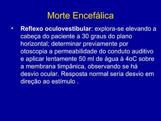 Morte Encefálica
• Reflexo oculovestibular: explora-se elevando a
cabeça do paciente a 30 graus do plano
horizontal; determinar previamente por
otoscopia a permeabilidade do conduto auditivo
e aplicar lentamente 50 ml de água à 4oC sobre
a membrana timpânica, observando se há
desvio ocular. Resposta normal seria desvio em
direção ao estímulo .  
 