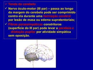 Tenda do cerebeloTenda do cerebelo
 Nervo óculo-motor (III par) – passa ao longoNervo óculo-motor (III par) – passa ao longo
da margem do cerebelo pode ser comprimidoda margem do cerebelo pode ser comprimido
contra ela durante umacontra ela durante uma herniação cerebralherniação cerebral
por lesão de masa ou edema supratentoriais;por lesão de masa ou edema supratentoriais;
 Fibras parassimpáticasFibras parassimpáticas constritorasconstritoras
(superfície do III par) pode levar a(superfície do III par) pode levar a paralisia eparalisia e
dilatação pupilardilatação pupilar por atividade simpáticapor atividade simpática
sem oposição.sem oposição.
 