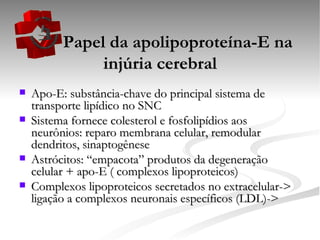   Papel da apolipoproteína-E na injúria cerebral Apo-E: substância-chave do principal sistema de transporte lipídico no SNC Sistema fornece colesterol e fosfolipídios aos neurônios: reparo membrana celular, remodular dendritos, sinaptogênese Astrócitos: “empacota” produtos da degeneração celular + apo-E ( complexos lipoproteicos) Complexos lipoproteicos secretados no extracelular-> ligação a complexos neuronais específicos (LDL)->  