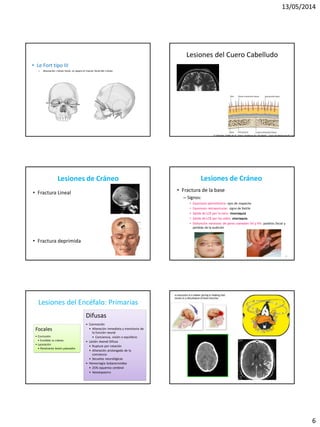 13/05/2014
6
• Le Fort tipo III
– disociación cráneo facial, se separa el macizo facial del cráneo
Lesiones del Cuero Cabelludo
Lesiones de Cráneo
• Fractura Lineal
• Fractura deprimida
Lesiones de Cráneo
• Fractura de la base
– Signos:
• Equimosis periorbitaria: ojos de mapache
• Equimosis retroauricular: signo de Battle
• Salida de LCR por la nariz: rinorraquia
• Salida de LCR por los oídos: otorraquia
• Disfunción nerviosas de pares craneales VII y VIII: parálisis facial y
perdida de la audición
34
Lesiones del Encéfalo: Primarias
Focales
• Contusión
• Encéfalo vs cráneo
• Laceración
• Penetrante lesión piamadre
Difusas
• Conmoción
• Alteración inmediata y transitoria de
la función neural
• Conciencia, visión o equilibrio
• Lesión Axonal Difusa
• Ruptura por rotación
• Alteración prolongada de la
conciencia
• Secuelas neurológicas
• Hemorragia Subaracnoidea
• 25% isquemia cerebral
• Vasoespasmo
 