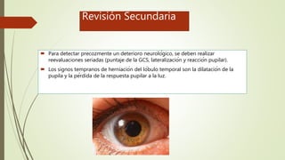 Revisión Secundaria
 Para detectar precozmente un deterioro neurológico, se deben realizar
reevaluaciones seriadas (puntaje de la GCS, lateralización y reacción pupilar).
 Los signos tempranos de herniación del lóbulo temporal son la dilatación de la
pupila y la pérdida de la respuesta pupilar a la luz.
 