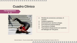 Cuadro Clínico
● Pérdida de conciencia o amnesia >5
minutos.
● Cefalea progresiva.
● Intoxicación por alcohol o drogas.
● Convulsiones postraumáticas.
● Traumatismo múltiple.
● Traumatismo facial severo con ausencia
de hallazgos de TCE grave.
TCE MODERADO
9 - 12
Moscote Salazar L. Trauma craneoencefálico. Atención inicial y manejo hospitalario. Duazary: 2010; 7(1)
 