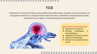 TCE
Alteración en la función cerebral u otra evidencia de enfermedad, causa por una fuerza externa, la
cual puede consistir en un impacto directo sobre el cráneo, aceleración o desaceleración rápida,
penetración de un objeto u ondas de choque de una explosión
Debe contar con la presencia de:
➔ Alteración de conciencia
➔ Cambios neurológicos o
neuroﬁsiológicos,
➔ Diagnóstico de fractura craneal
➔ Lesiones intracraneales
➔ Muerte como resultado ﬁnal del
trauma
Craig Williamson. Traumatic Brain Injury: Epidemiology, classiﬁcation and pathophysiology. In: UpToDate, Aminoff MD (Ed), UpToDate, Waltham, MA. (Accessed on October 6, 2023.)
 