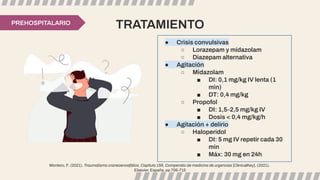 TRATAMIENTO
PREHOSPITALARIO
● Crisis convulsivas
○ Lorazepam y midazolam
○ Diazepam alternativa
● Agitación
○ Midazolam
■ DI: 0,1 mg/kg IV lenta (1
min)
■ DT: 0,4 mg/kg
○ Propofol
■ DI: 1,5-2,5 mg/kg IV
■ Dosis < 0,4 mg/kg/h
● Agitación + delirio
○ Haloperidol
■ DI: 5 mg IV repetir cada 30
min
■ Máx: 30 mg en 24h
Montero, F. (2021). Traumatismo craneoencefálico, Capítulo 156, Compendio de medicina de urgencias [ClinicalKey], (2021).
Elsevier. España, pp 706-715
 