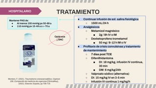 TRATAMIENTO
HOSPITALARIO
● Continuar infusión de sol. salina ﬁsiológica
○ 1500 mL/24 h
● Analgésicos
○ Metamizol magnésico
■ 2g / 8h IV o IM
○ Dexketoprofeno trometamol
■ 50 mg / 8-12 h IM o IV
● Proﬁlaxis de crisis convulsivas y tratamiento
de mantenimiento
○ 7 días post TCE
○ Difenilhidantoína
■ DI: 18 mg/kg, infusión IV continua,
30 min
■ DM: 6 mg/kg/24h
○ Valproato sódico (alternativa)
○ DI: 15 mg/kg IV en 3-5 min
○ Infusión IV continua 1 mg/kg/h
Mantener PAS de:
● Al menos 100 mmHg px 50-69 a
● 110 mmHg px 15-49 a o > 70 a
Opiáceos
↓ SNC
Montero, F. (2021). Traumatismo craneoencefálico, Capítulo
156, Compendio de medicina de urgencias [ClinicalKey],
(2021). Elsevier. España, pp 706-715
 