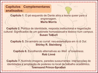 11
Capítulos Complementares
analisados:
Capítulo 1. O pé esquerdo de Dante atira a teoria queer para a
engrenagem.
Marla Morris
Capítulo 2. Política de identidade, resposta institucional e negociação
cultural: Significados de um gabinete homossexual e lésbico num campus.
Susan Talburt
Capítulo 5. Do armário ao curral: neo-estereotipia em In & Out.
Shirley R. Steinberg
Capítulo 6. Escolhendo alternativas ao Well of loneliness.
Rob Linné
Capítulo 7. Nutrindo imagens, paredes sussurrantes: intersecções de
identidades e ampliação de poderes no local de trabalho académico.
Townsand Prince-Spratlen
 