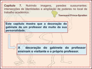 Capítulo 7. Nutrindo imagens, paredes sussurrantes:
intersecções de identidades e ampliação de poderes no local de
trabalho académico.
Townsand Prince-Spratlen
Este capítulo mostra que a decoração do
gabinete de um professor diz muito da sua
personalidade.
A decoração do gabinete do professor
ensinam o visitante e o próprio professor.
 