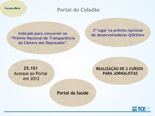 Transparência
                           Portal do Cidadão


                                              2º lugar na prêmio nacional
        Indicado para concorrer ao           de desenvolvedores QlikView
    “Prêmio Nacional de Transparência
        da Câmara dos Deputados”.




           25.101                              REALIZAÇÃO DE 2 CURSOS
       Acessos ao Portal                          PARA JORNALISTAS
           em 2012


                           Portal da Saúde
 