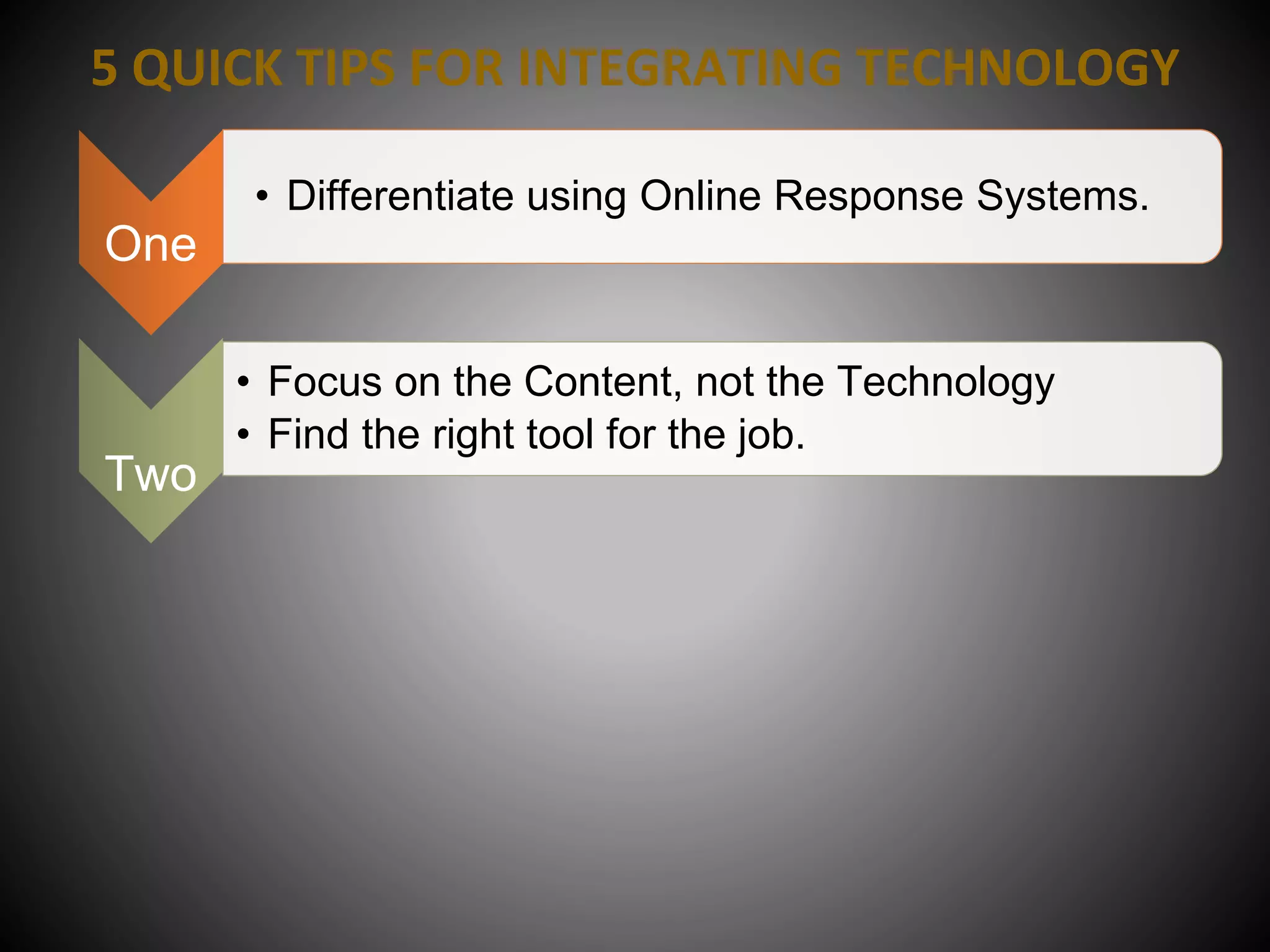 5 QUICK TIPS FOR INTEGRATING TECHNOLOGY
One
• Differentiate using Online Response Systems.
Two
• Focus on the Content, not the Technology
• Find the right tool for the job.
 
