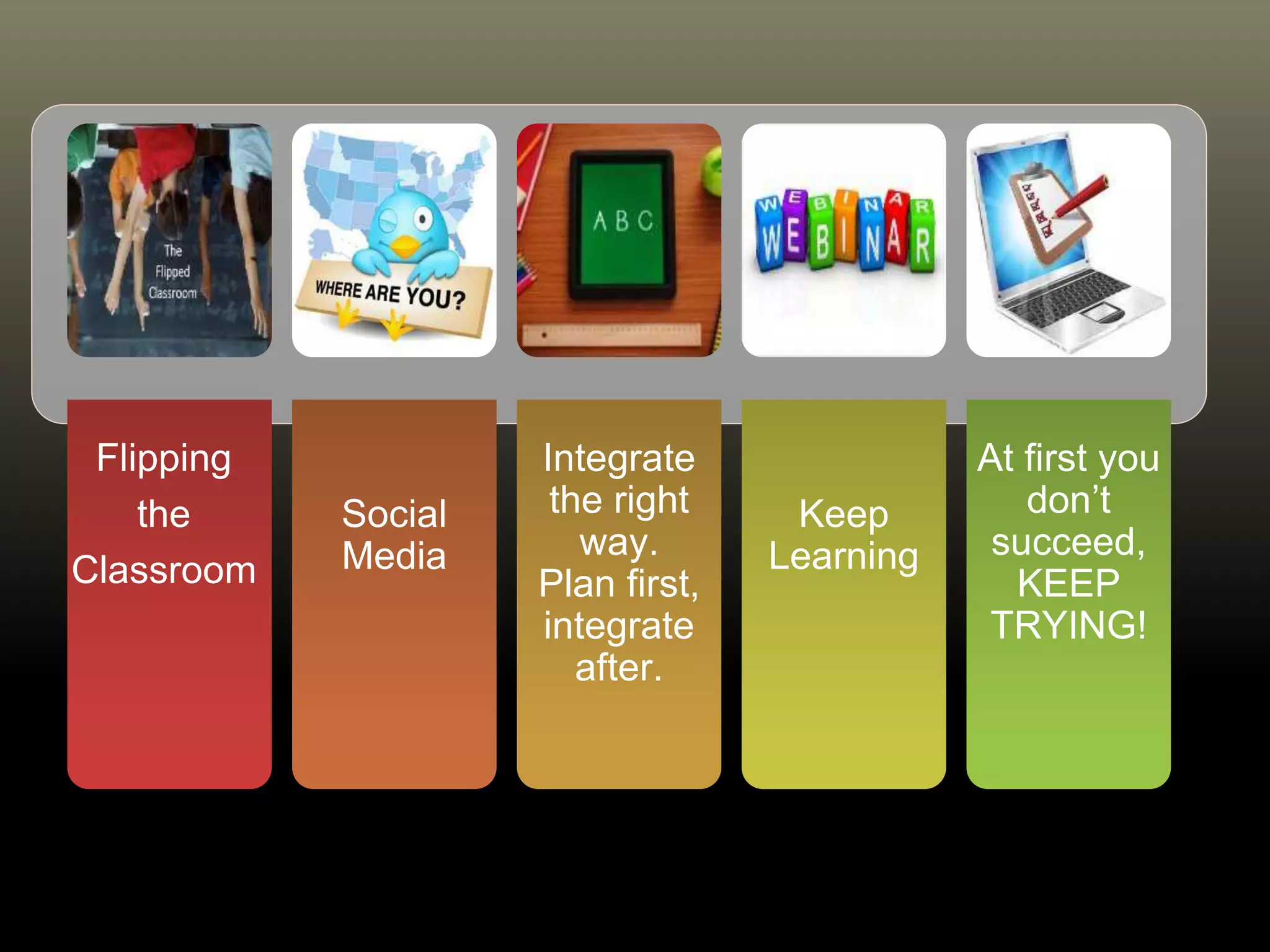 Flipping
the
Classroom
Social
Media
Integrate
the right
way.
Plan first,
integrate
after.
Keep
Learning
At first you
don’t
succeed,
KEEP
TRYING!
 
