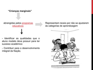 abrangidas pelos programas
educativos
Representam receio por não se ajustarem
às categorias de aprendizagem
- Identificar as qualidades que o
aluno modelo deve possuir para ter
sucesso académico
- Contribuir para o desenvolvimento
integral da Nação.
“Crianças marginais”
 