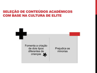 Fomenta a criação
de dois tipos
diferentes de
crianças
Prejudica as
minorias
SELEÇÃO DE CONTEÚDOS ACADÉMICOS
COM BASE NA CULTURA DE ELITE
 